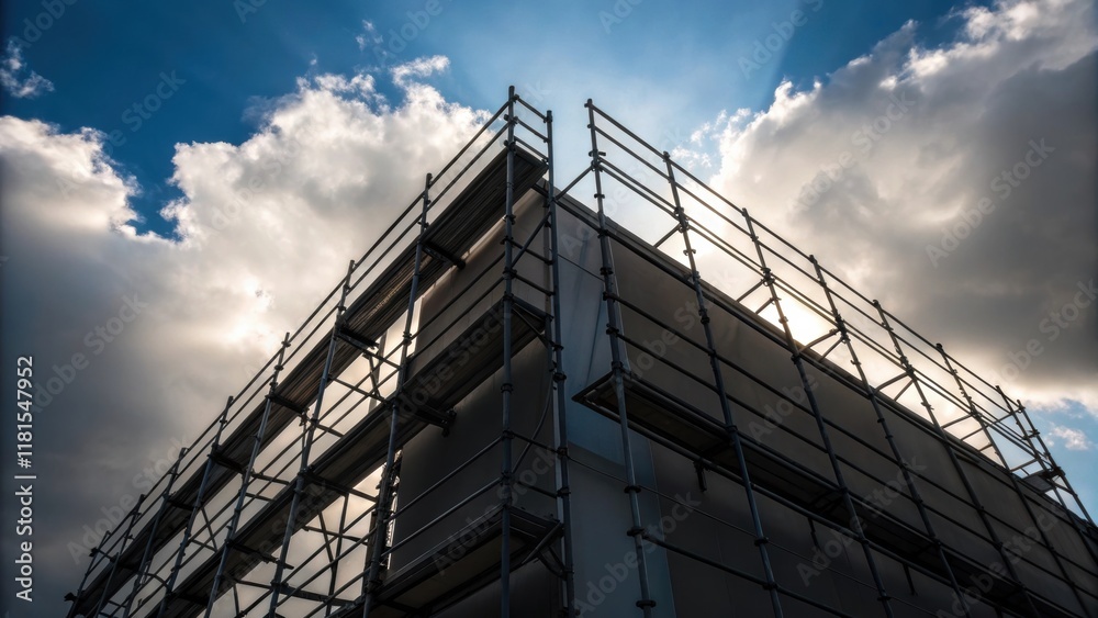 Poster A dramatic angle captures the modular cladding panels leaning at a slight angle with the scaffolding silhouetted against a bright sky. The contrast between the rigid angular