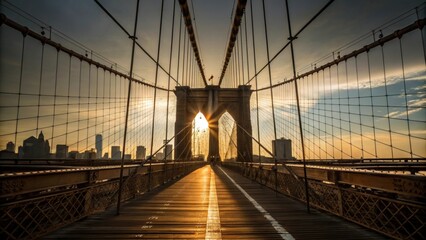 Fototapeta premium A dramatic angle capturing the sun hitting the suspended cables illuminating their profile against the backdrop of the bridges unfinished deck. The interplay of light and shadows
