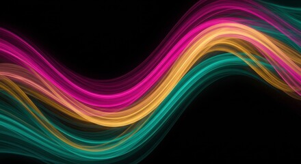 Abstract Colorful Wave:  Dynamic, vibrant swirls of teal, pink and gold create an energetic, abstract wave design against a black backdrop. The flowing lines evoke movement and energy.