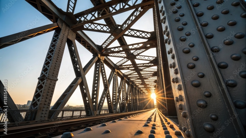 Aufkleber A dramatic angle showing the intersection of a huge steel truss with angular supports each component gleaming in the sunlight. The aspects of industrial design and engineering come