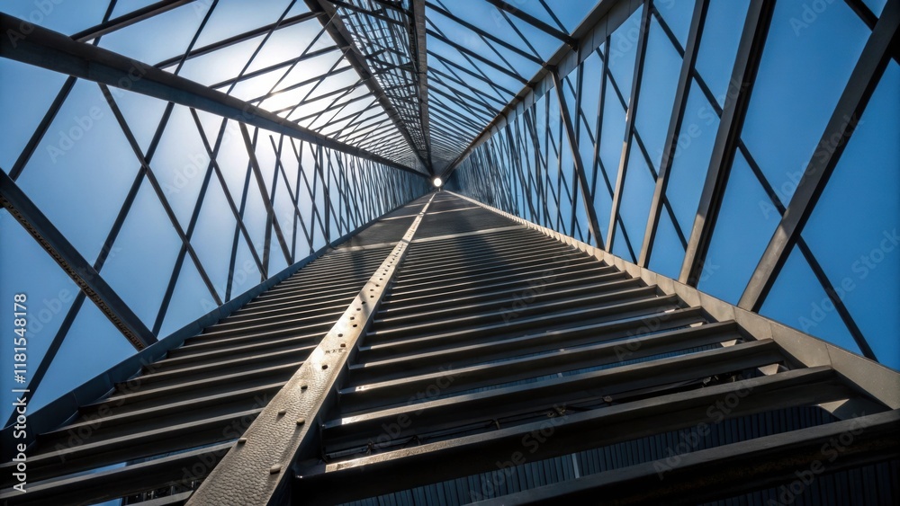 Poster a dramatic perspective of ascending steel girders their lines converging toward the sky. the interpl