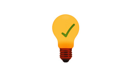 3D Yellow Light Bulb With Green Check Mark Indicating Verification Isolated on a Transparent Background (PNG).