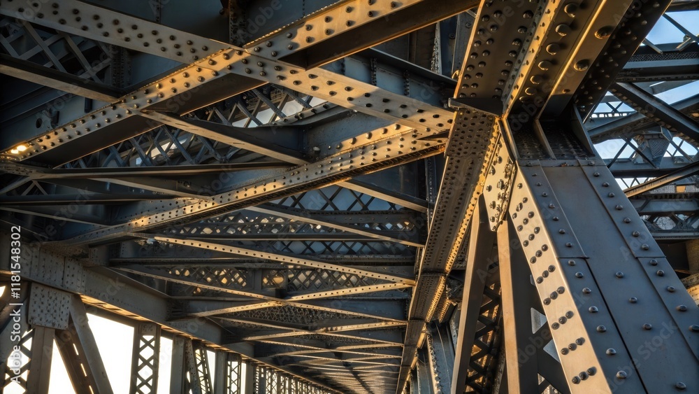 Poster A dynamic angle emphasizes the complex web of steel supports arranged at varying angles illustrating how the plates are bolted together to form a robust lattice while sunlight