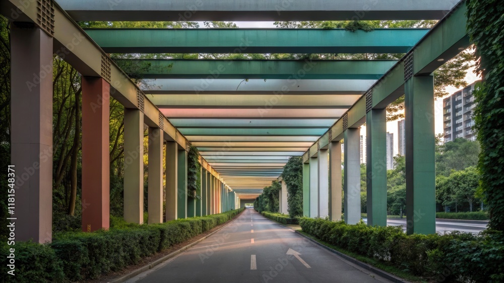 Aufkleber A dynamic angle captures a sprawling array of horizontal beams extending into the distance creating a rhythmic pattern. The beams are painted in a muted color blending harmoniously