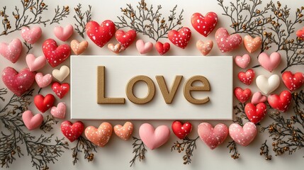 Love hearts festive arrangement. Romantic holiday design with text, branches, and sweet hearts. Valentine's Day.