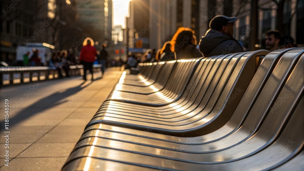 Poster a dynamic capture of the curved edges of the benches emphasizing ergonomic design as sunlight reflec