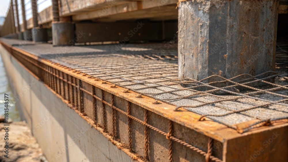 Aufkleber A dynamic closeup highlighting a bridge abutments base where portions of the reinforcement mesh have begun to show through due to erosion. The intricate web shines with patches of