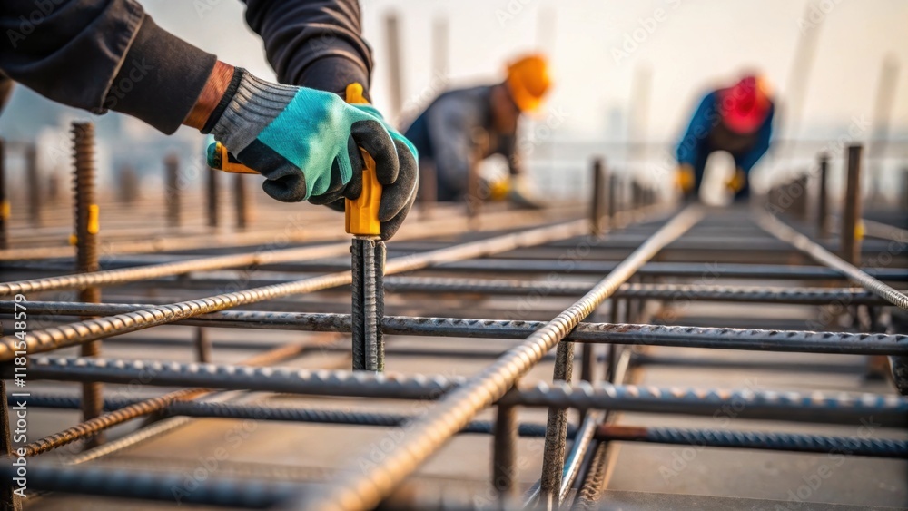 Aufkleber A dynamic composition showing laborers preparing the supports for installation their hands expertly handling the metal pieces. The focus zeroes in on a hand gripping a tool with