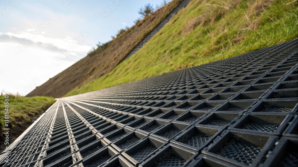 Poster A dynamic closeup of geogrids at an angle capturing the way light plays across their layered surfaces. The texture of the material combined with the geometric designs reflects a