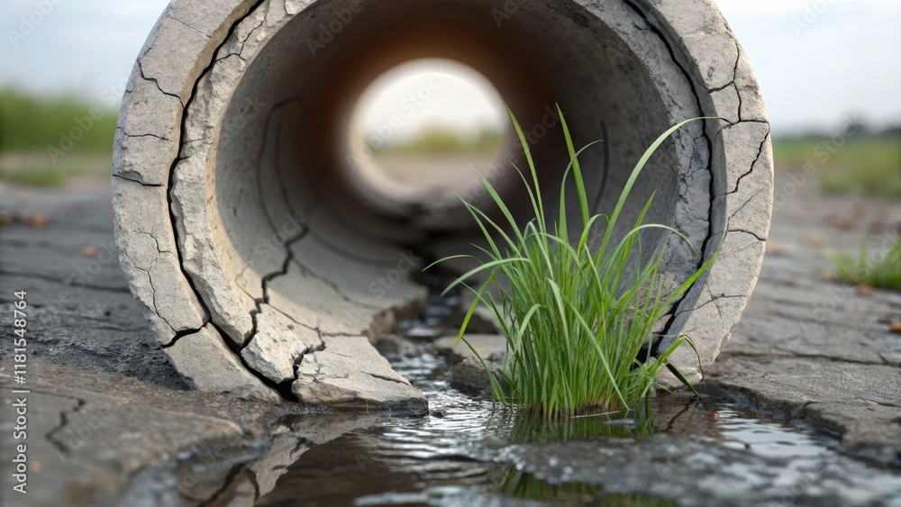 Poster A dynamic view featuring a concrete pipe that has cracked and is starting to show signs of erosion with tufts of grass sprouting from the seams. Water trickles from the base