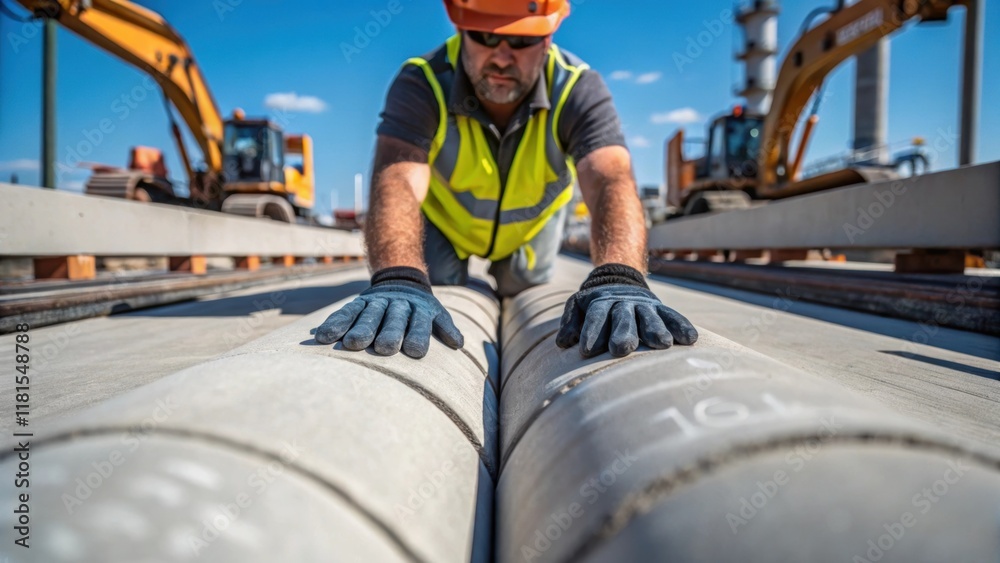 Poster A dynamic view illustrates a worker examining the culverts preinstallation with gloved hands resting on the smooth cold concrete. The image captures the industrial environment with