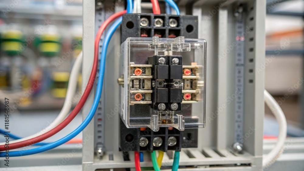 Aufkleber A focused shot of a control relay showcasing its intricate internal mechanisms and soldered connections. The assemblys complexity is displayed through a web of wires leading to