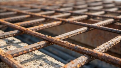 A focused image of rusted sections of a steel mesh highlighting the wear and weathering that the material experiences over time. The interplay between the corroded elements and the
