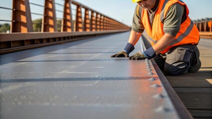 Obraz premium A focused look at the smooth surface of a bridge deck section being prepared for lifting with a worker in an orange safety vest nearby inspecting its stability. The workers gloves