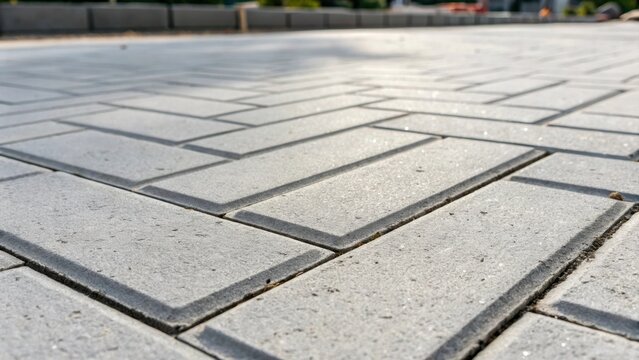 A focused shot of interlocking concrete pavers coated in a layer of fine dust from nearby construction. The minimalist design features clean lines and subtle notches showcasing how