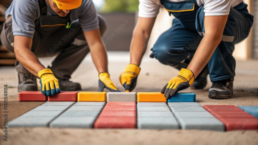 Aufkleber A focused view of two laborers kneeling on the ground hands gloved and equipped with tools as they adjust the alignment of several vibrant rectangular paving stones. The detailed