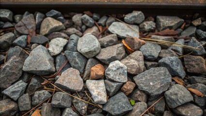 A focus on a of ballast stones irregularly shaped with some appearing jagged and others smooth. Tiny bits of debris and organic matter are nestled between them illustrating the