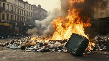 Trash burning in urban street causes heavy smoke near abandoned buildings during a chaotic protest or demonstration