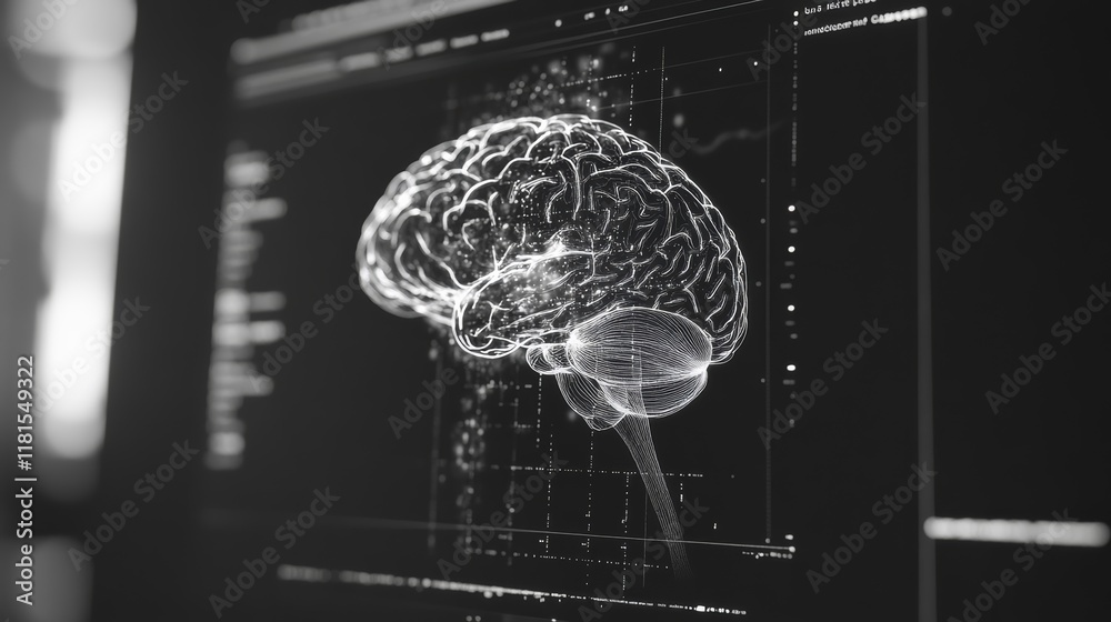 Poster Complex medical data illuminating a 3d model of a human brain, displayed on a computer screen, suggesting advanced medical diagnostics and analysis