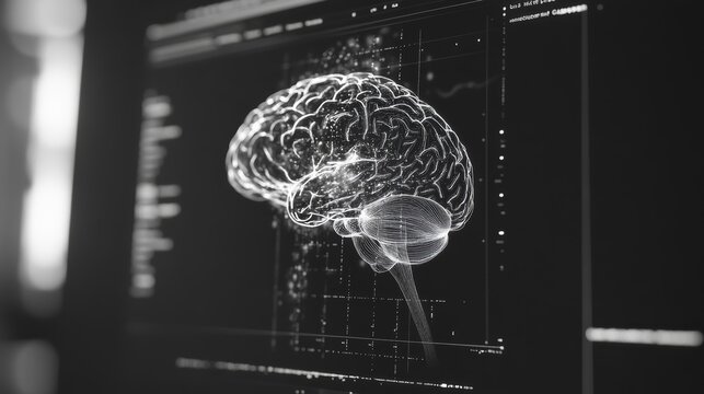 Complex medical data illuminating a 3d model of a human brain, displayed on a computer screen, suggesting advanced medical diagnostics and analysis