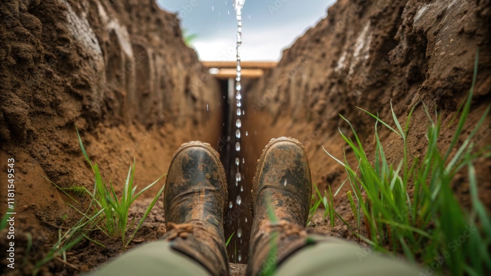 Poster a groundlevel view of muddy boots stepping into the open trench with glistening droplets of water tr