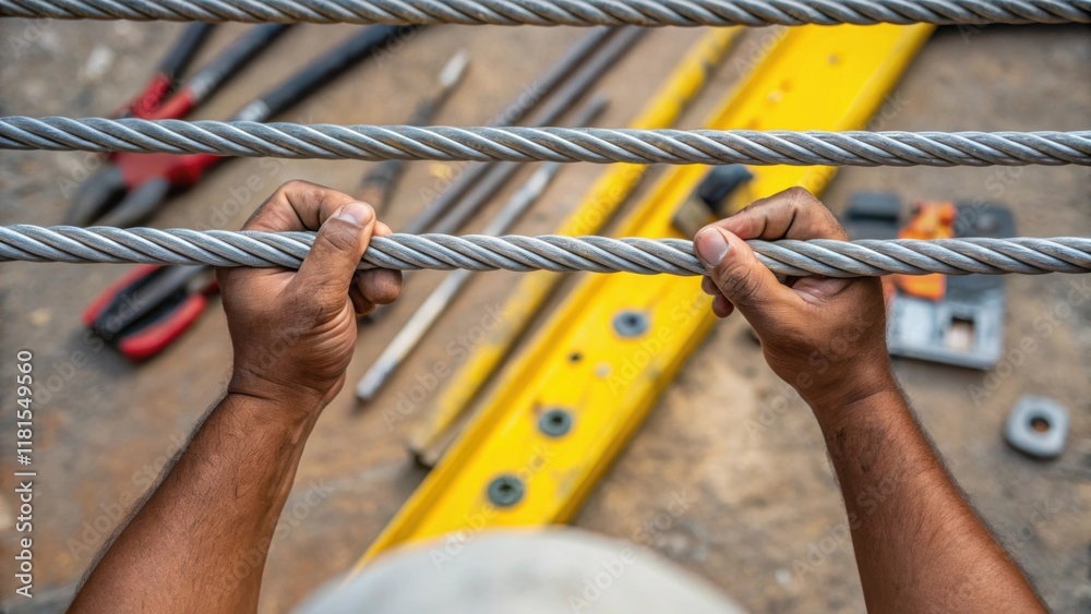 Poster a heartening closeup of a workers hands inspecting the tension of two adjacent suspension cables emp