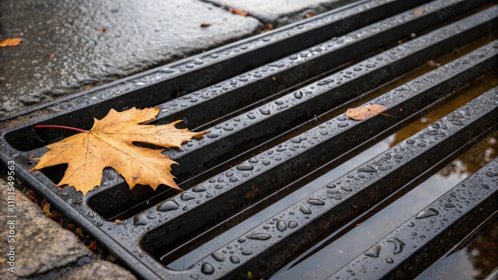 Poster A group of grates positioned beside each other their edges nearly touching forming a distinct boundary where water meets pavement. Tiny droplets pool on the surfaces reflecting the
