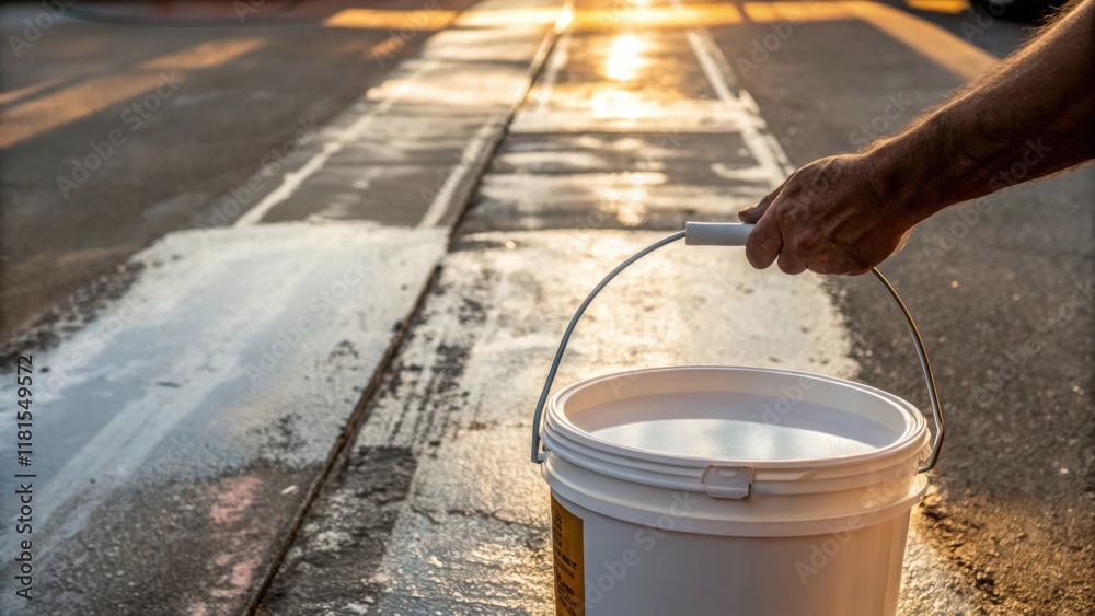 Poster a hand grips the handle of a sealant bucket ready to lift it with a backdrop of a wellworn pavement 