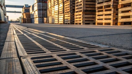 Fototapeta premium A groundlevel view captures an array of stormwater grates lined up against a backdrop of wooden pallets. The play of light and shadow accentuates the patterns on the grates while