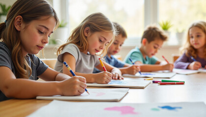 Fototapeta premium First-grade students creating art at classroom table, childhood creativity