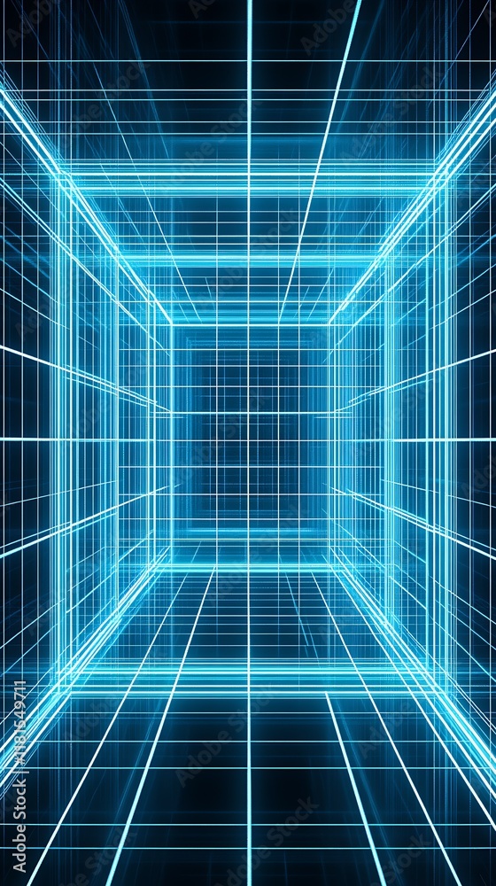Poster futuristic sci fi cyber grid with glowing blue neon lights and geometric patterns : generative ai