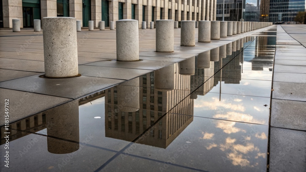 Poster A lole perspective of precast concrete bollards punctuating a pedestrian plaza with reflections of nearby buildings shimmering in puddles after recent rain. The contrast of the