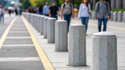 A line of precast concrete bollards positioned at intervals where each one serves as an invitation for pedestrians to walk safely. In the background blurred figures of people walk