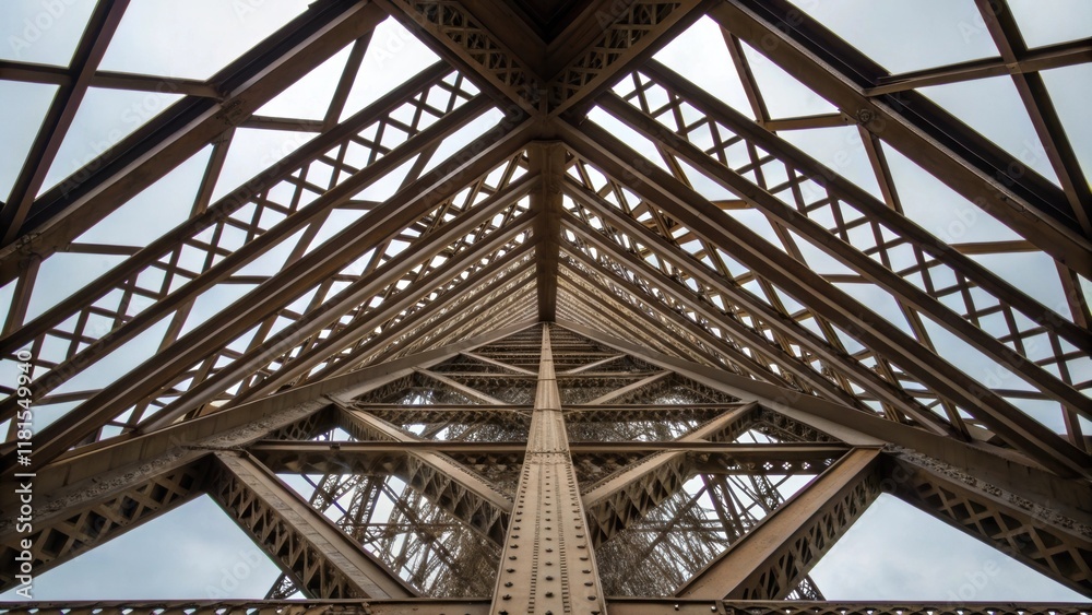 Aufkleber A lowerangle shot focuses on the intricate design of crossbracing within the steel framework where triangular patterns enhance stability. The beams interconnected with precision