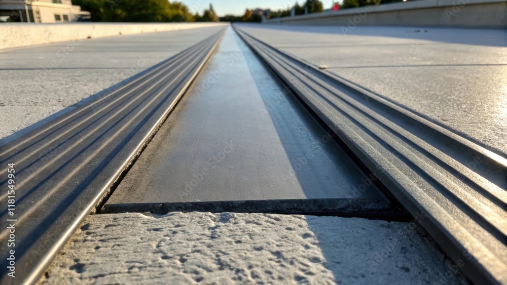 Poster A macro image capturing the surface of the pre expansion joints featuring the contrast of smooth finished surfaces against raw edges. Sunlight casts sharp shadows revealing the
