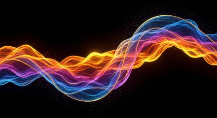 Fototapeta premium Vibrant Energy Wave: Abstract digital art depicting a flowing, vibrant wave of light in shades of blue, orange, and pink against a black background. The wave creates a dynamic, energetic.