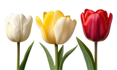 Beautiful arrangement of red, yellow, and white tulips showcasing vivid colors and elegant shapes. Isolated on transparent background, png.