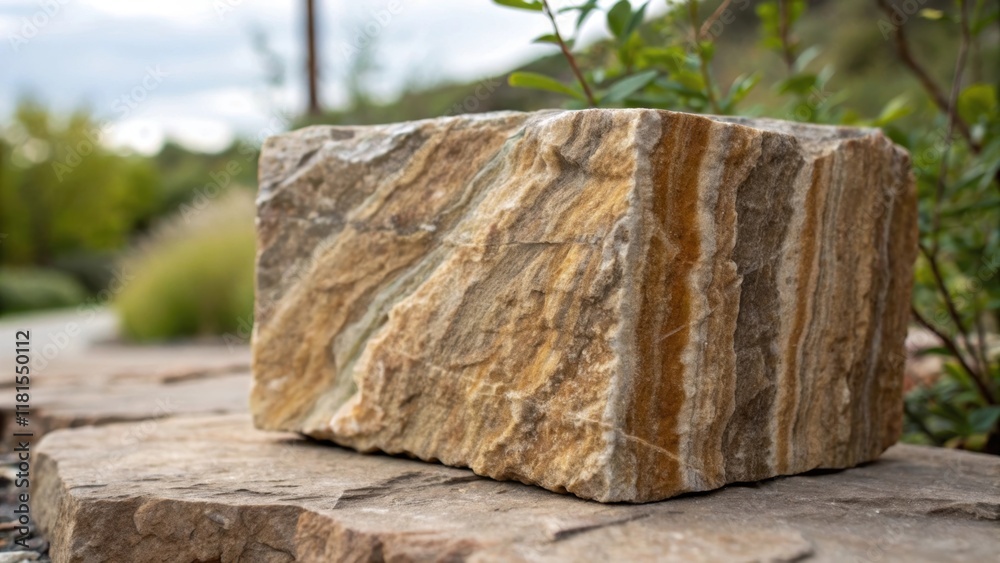 Poster A macro image focusing on the natural grains and striations in a stone veneer block where minerals and fossilized elements create a stunning visual narrative. Surrounding foliage