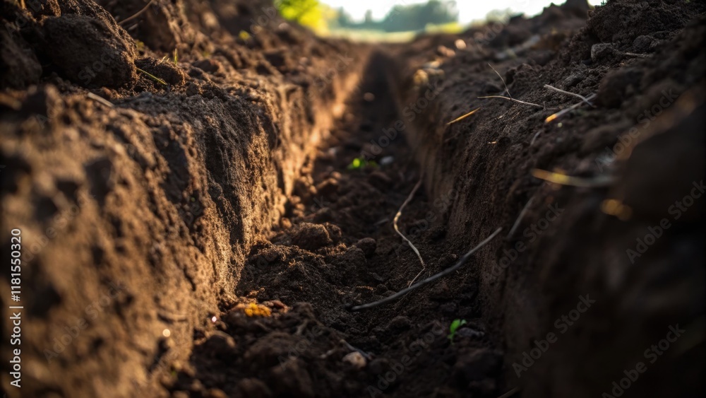 Poster A macro perspective emphasizing the texture of the soil within the trenchthe dark earth enriched with organic mattersurrounding a row of conduits. Light plays across the surface of