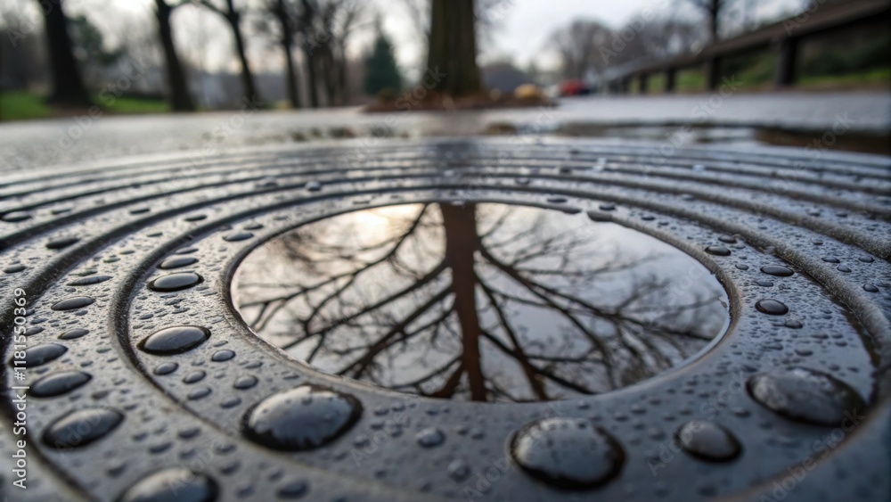 Poster a macro perspective highlights the textured surface of a stormwater cover with droplets of water cli