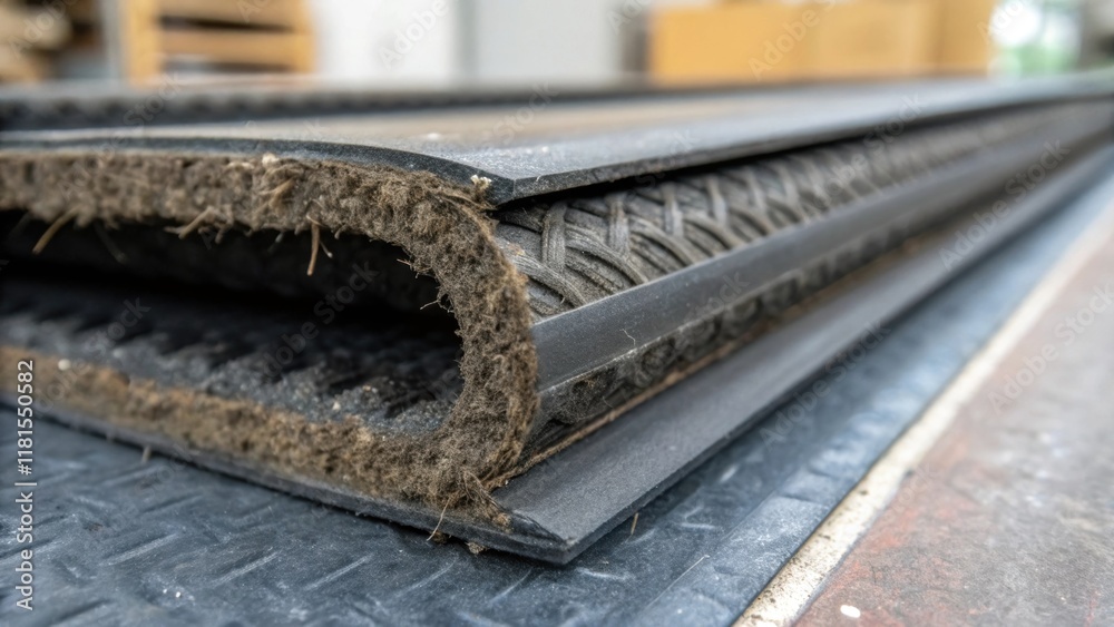 Aufkleber A macro photograph capturing the grainy texture of a rubber expansion joint with embedded fibers visible illustrating how it is engineered to absorb vibrations while maintaining