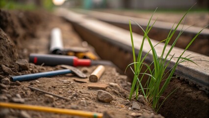 Naklejka premium A macro shot captures small detailsa few tered tools and construction debris lying on the surface beside the trench while grass blades peek out from the edges. The conduits are sd