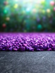 Fototapeta premium Vibrant Purple Hearts Scattered on Dark Surface: A Close-Up 3D Render in a Dreamlike Style. AI Generated