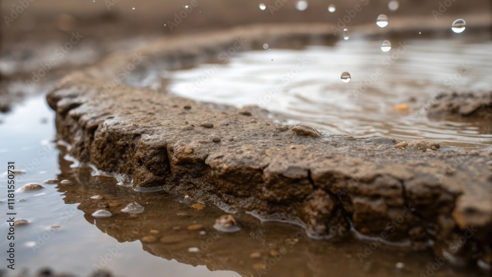 Poster A macro shot capturing a drainage basin partially submerged in muddy water highlighting the basins rugged surface that has weathered the elements. Tiny droplets cling to the edges