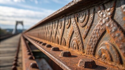 Obraz premium A macro shot emphasizing the rugged surface of a weathered steel girder featuring patches of surface oxidation that tell stories of exposure to the elements. Textured patterns