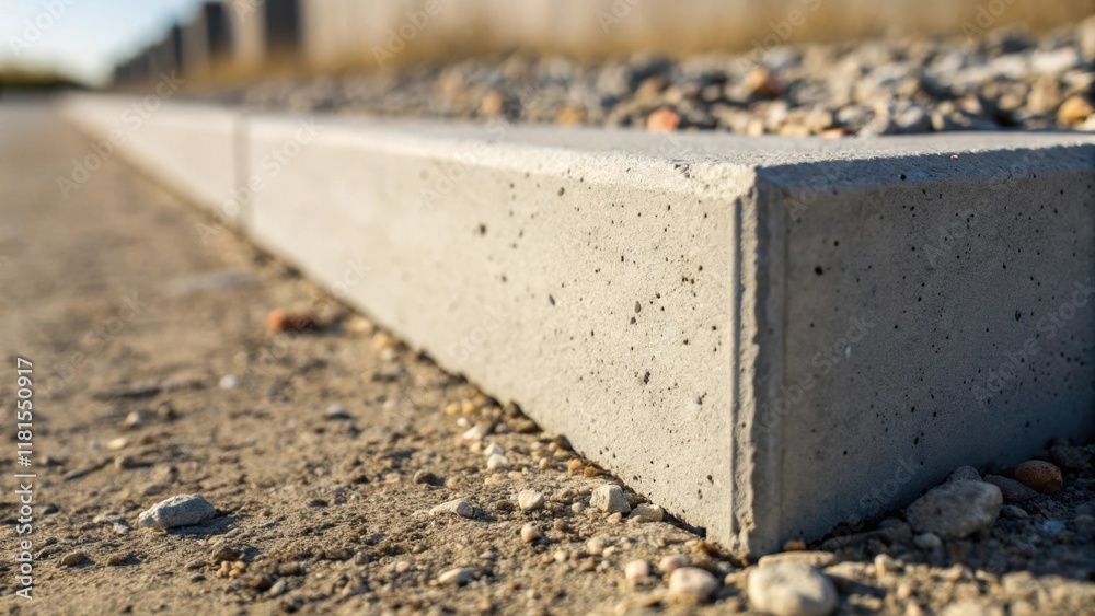 Poster a macro shot focusing on the corner of a precast barrier where the concrete meets the ground. the an