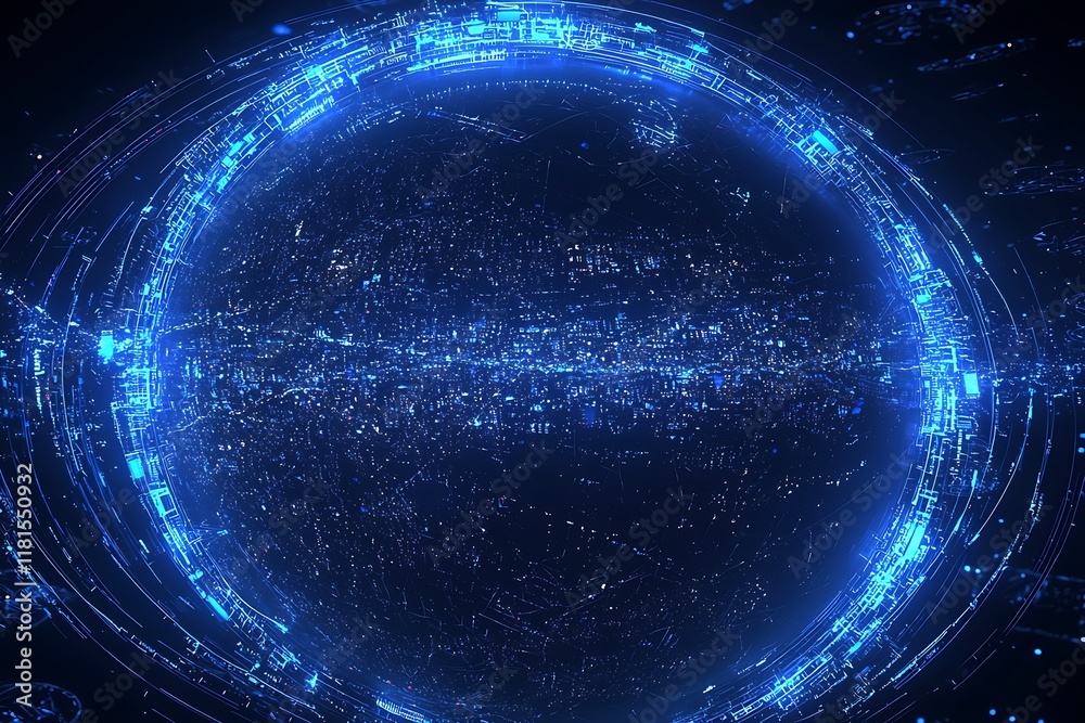 Poster Futuristic Digital Cyber Sphere with Blue Technological Lights and Intricate Network : Generative AI