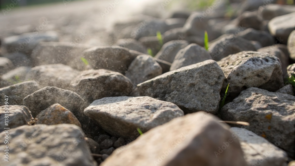 Poster a macro shot focusing on the interlocking stones of the ballast revealing the fine details of their 