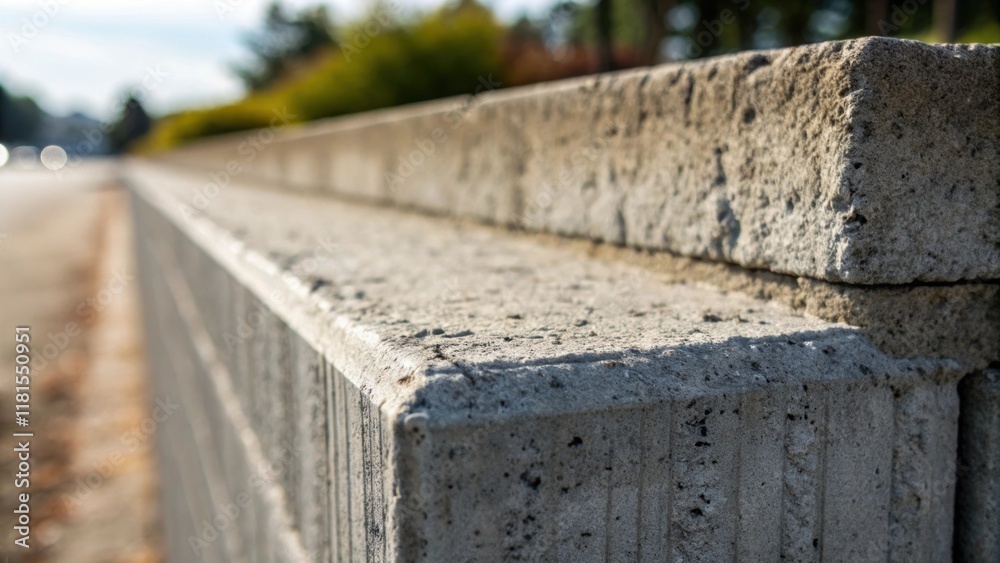 Poster A macro shot focusing on the top edge of a concrete block retaining wall illustrating the rough texture and how it tapers down into a wider base demonstrating the engineering