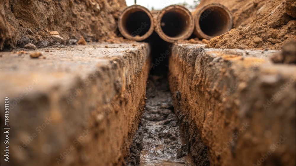 Poster a macro shot highlighting the rough uneven edges of an exposed trench where earth is piled high next